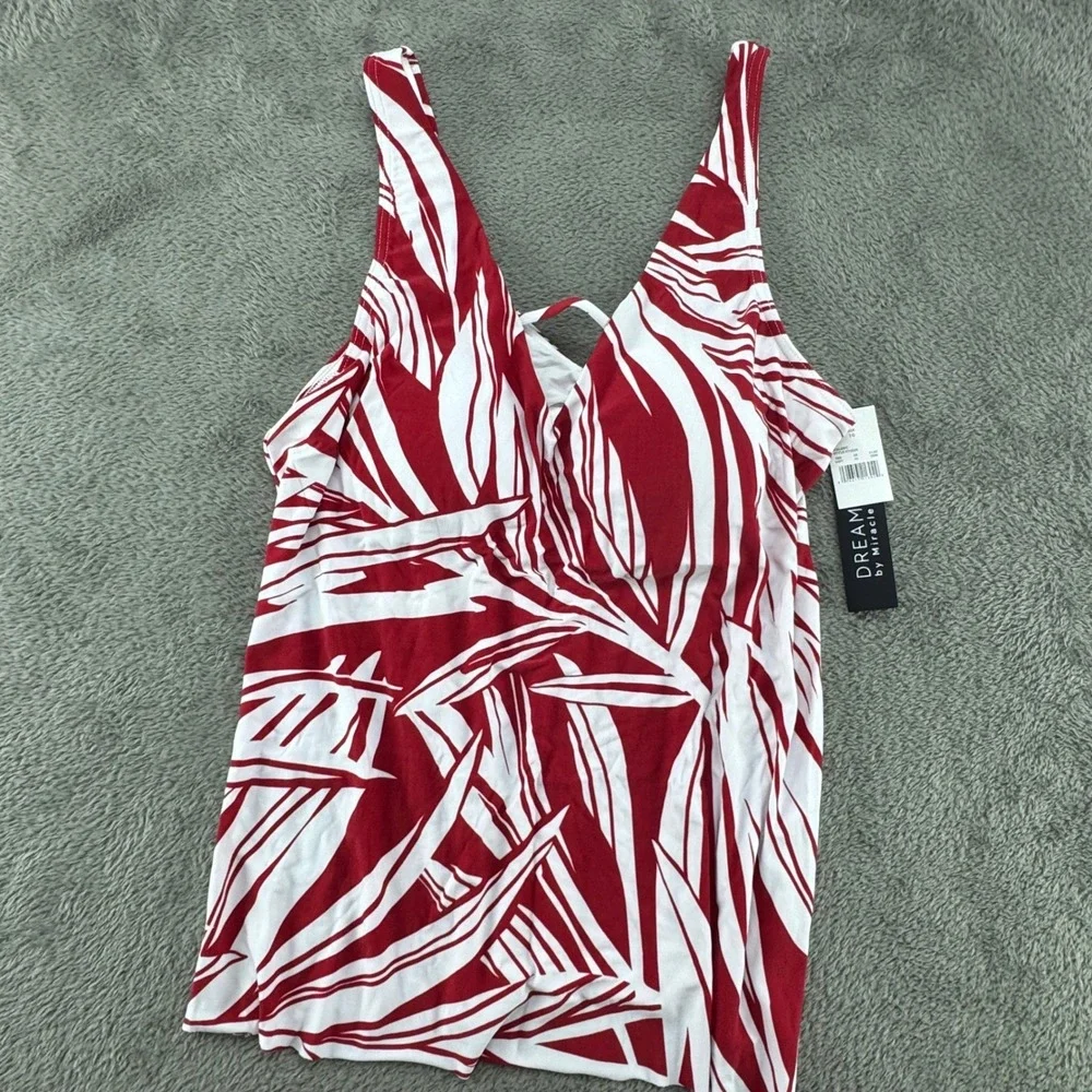 Dreamsuit by Miracle Brands Tankini Top‎ Womens 10 Red White NEW Tropical Palm